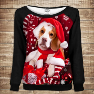 Жіночий світшот - реглан з відкритими плечима з 3D принтом-Різдво. Пес в шапці Санта Клауса ВСІ Розміри Преміум тканина