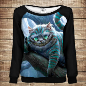 Жіночий світшот - реглан з відкритими плечима з 3D принтом- Чеширський Кіт на дереві ВСІ Розміри Преміум тканина