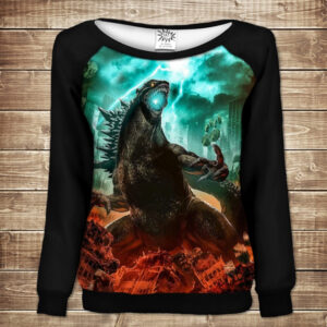 Жіночий світшот - реглан з відкритими плечима з 3D принтом-Годзилла Удар ВСІ Розміри Преміум тканина