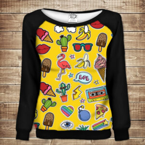 Жіночий світшот - реглан з відкритими плечима з 3D принтом-Вафельні малюнки ВСІ Розміри Преміум тканина