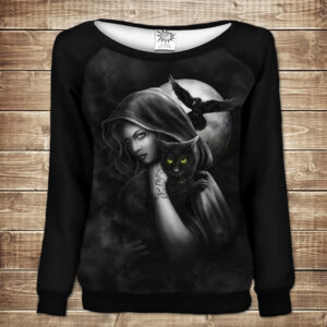 Жіночий світшот - реглан з відкритими плечима з 3D принтом-Відьма в хмарах з котом і вороном ВСІ Розміри Преміум тканина