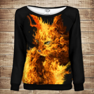 Жіночий світшот - реглан з відкритими плечима з 3D принтом-Вогняний котик ВСІ Розміри Преміум тканина
