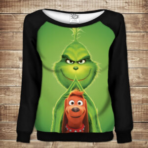 Жіночий світшот - реглан з відкритими плечима з 3D принтом-Грінч І Макс ВСІ Розміри Преміум тканина