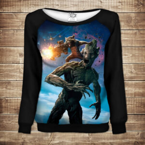 Жіночий світшот - реглан з відкритими плечима з 3D принтом-Грут і Ракета-Вартові Галактики ВСІ Розміри Преміум тканина