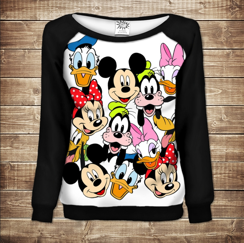 Жіночий світшот - реглан з відкритими плечима з 3D принтом-Дісней Герої ВСІ Розміри Преміум тканина