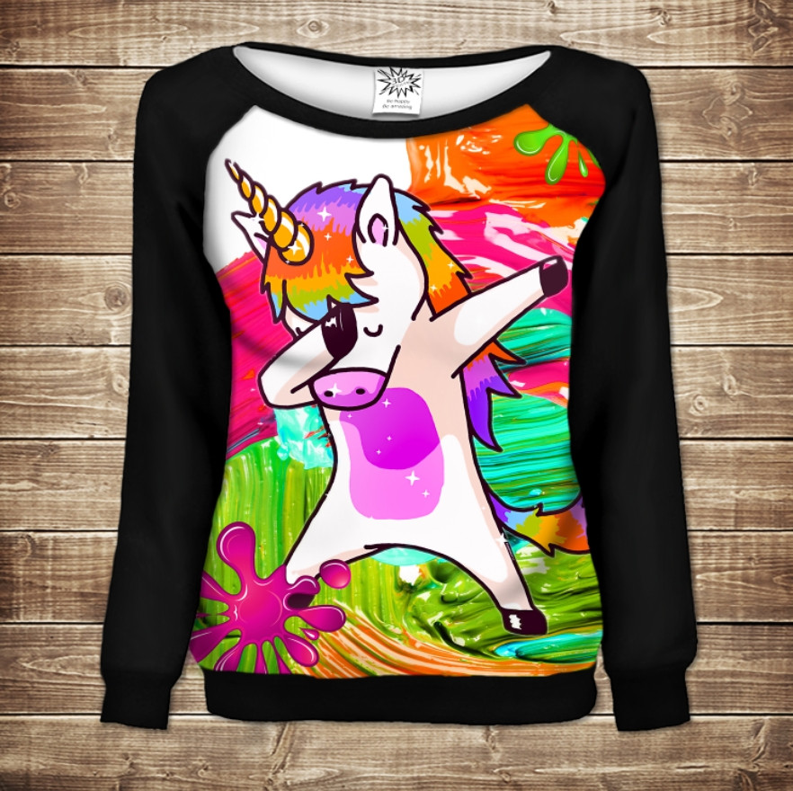 Жіночий світшот - реглан з відкритими плечима з 3D принтом-Unicorn Dab ВСІ Розміри Преміум тканина