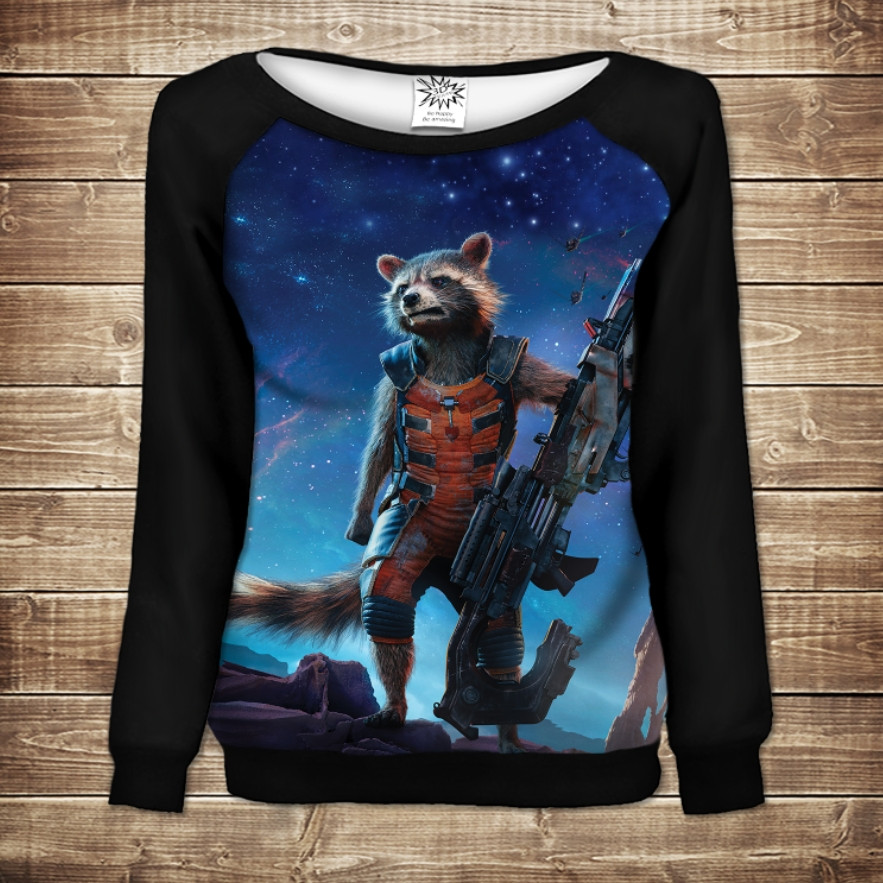 Жіночий світшот - реглан з відкритими плечима з 3D принтом-Ракета з кулеметом ВСІ Розміри Преміум тканина