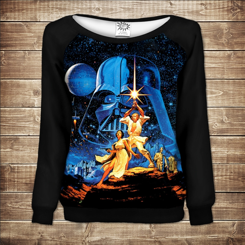 Жіночий світшот - реглан з відкритими плечима з 3D принтом-Зоряні війни ВСІ Розміри Преміум тканина