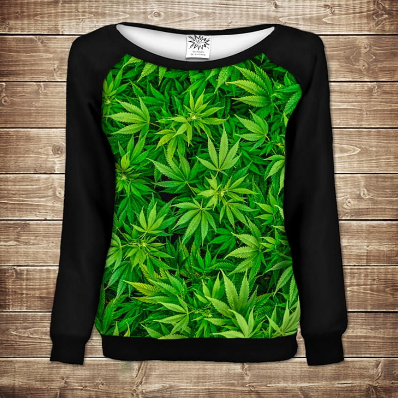 Жіночий світшот - реглан з відкритими плечима з 3D принтом-Канабіс ВСІ Розміри Преміум тканина