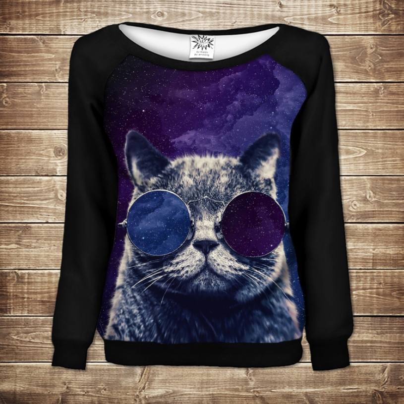 Жіночий світшот - реглан з відкритими плечима з 3D принтом-Космічний кіт ВСІ Розміри Преміум тканина