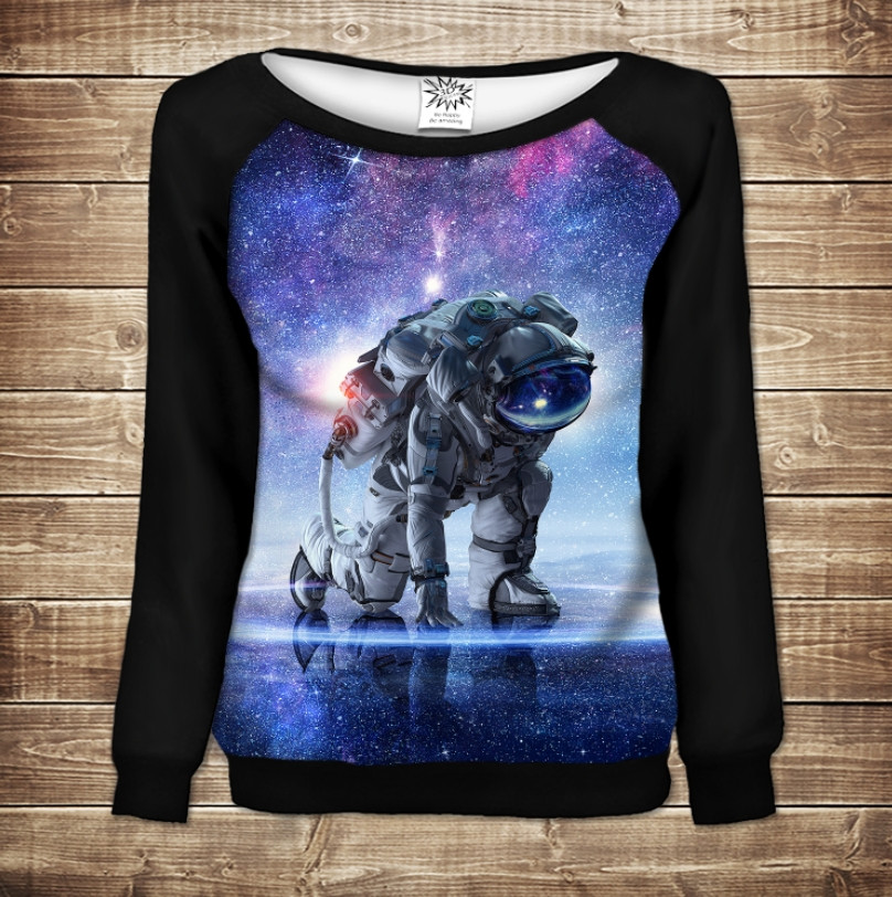 Жіночий світшот - реглан з відкритими плечима з 3D принтом-Космонавт ВСІ Розміри Преміум тканина