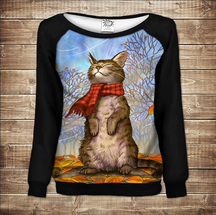 Жіночий світшот - реглан з відкритими плечима з 3D принтом-Котик в шарфі ВСІ Розміри Преміум тканина