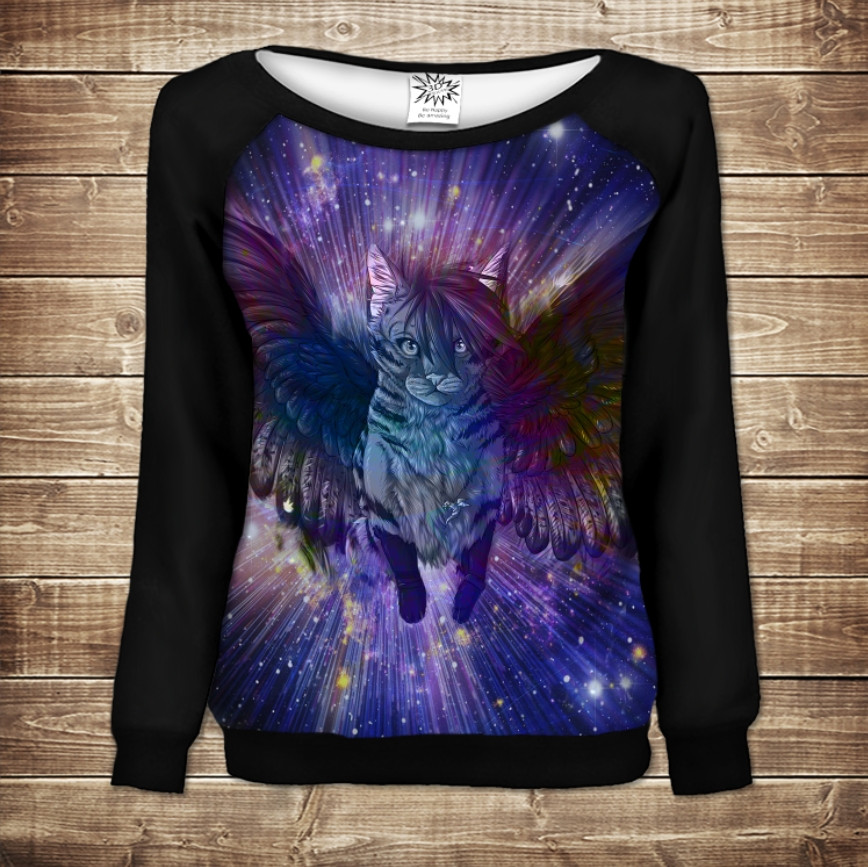 Жіночий світшот - реглан з відкритими плечима з 3D принтом-Киця з крилами ВСІ Розміри Преміум тканина