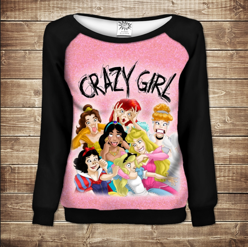 Жіночий світшот - реглан з відкритими плечима з 3D принтом-Crazy princess ВСІ Розміри Преміум тканина