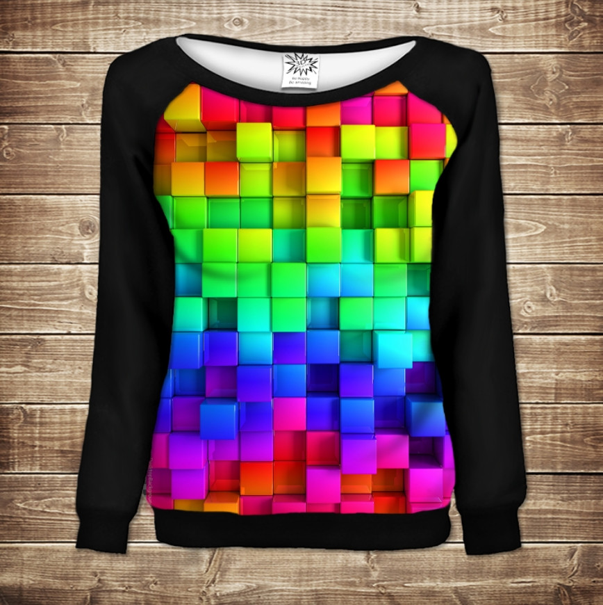 Жіночий світшот - реглан з відкритими плечима з 3D принтом-Кольорові кубики ВСІ Розміри Преміум тканина