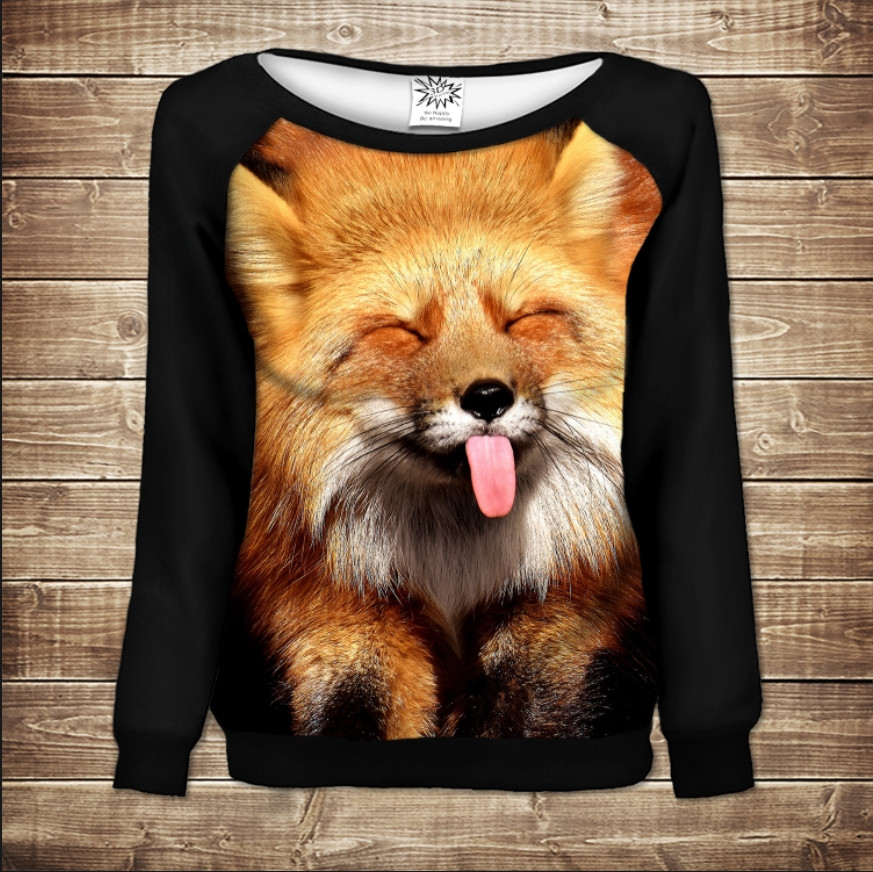 Жіночий світшот - реглан з відкритими плечима з 3D принтом-Веселий Лис ВСІ Розміри Преміум тканина
