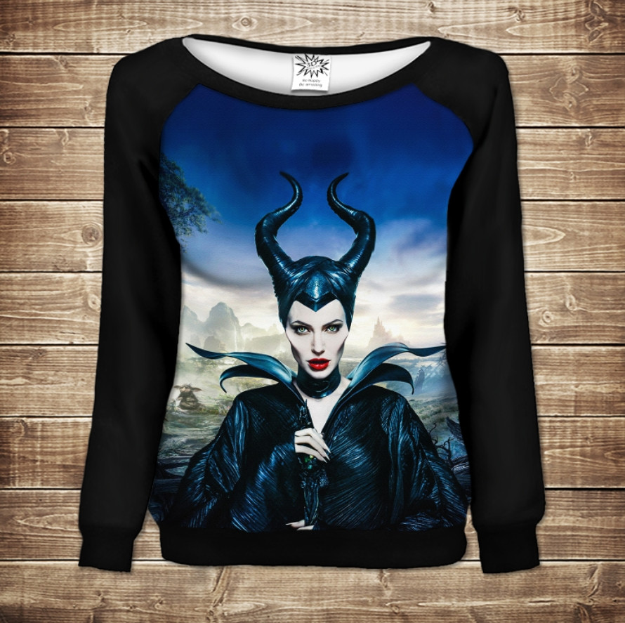 Жіночий світшот - реглан з відкритими плечима з 3D принтом-Малефісента Казкова Ніч ВСІ Розміри Преміум тканина