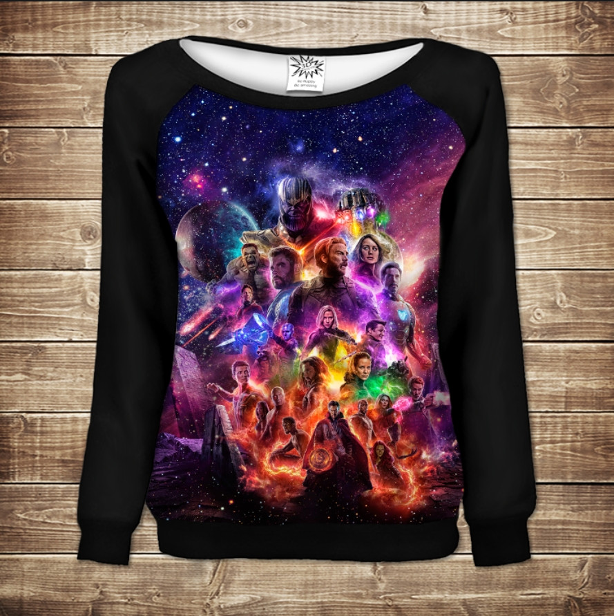 Жіночий світшот - реглан з відкритими плечима з 3D принтом-Месники. Всі герої ВСІ Розміри Преміум тканина