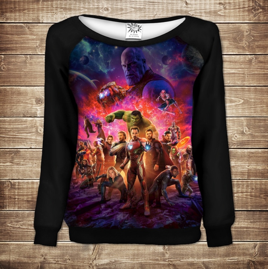 Жіночий світшот - реглан з відкритими плечима з 3D принтом-Mесники Avengers ВСІ Розміри Преміум тканина