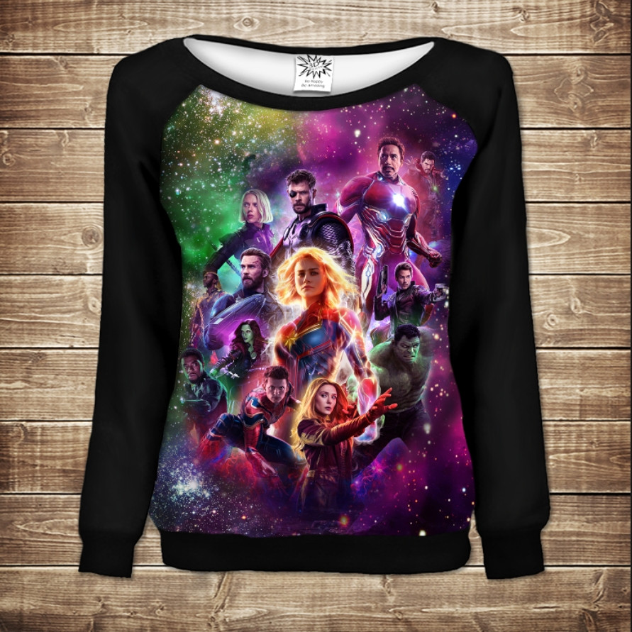 Жіночий світшот - реглан з відкритими плечима з 3D принтом-Месники. AVENGERS. ENDGAME ВСІ Розміри Преміум тканина