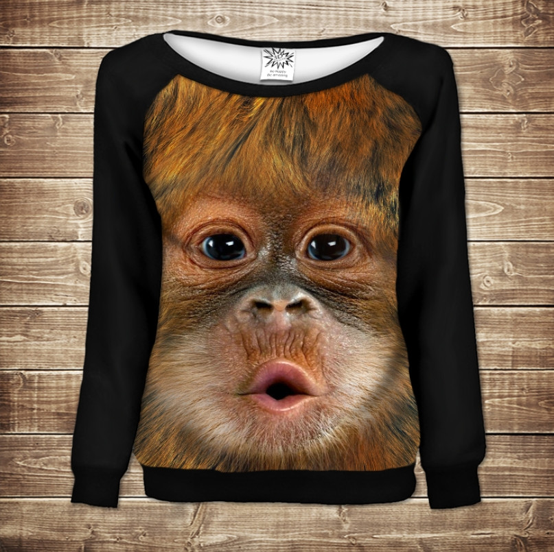 Жіночий світшот - реглан з відкритими плечима з 3D принтом-Мавпа Kiss ВСІ Розміри Преміум тканина