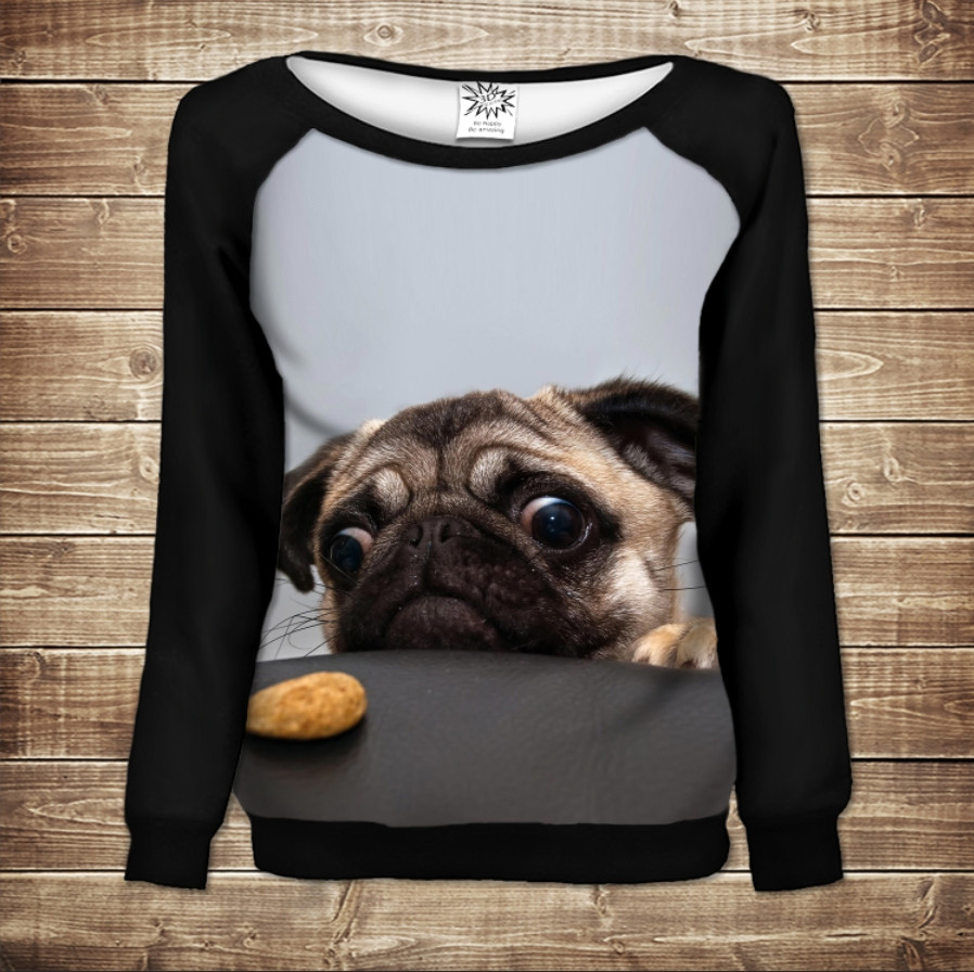 Жіночий світшот - реглан з відкритими плечима з 3D принтом-Мопс і печенюшка ВСІ Розміри Преміум тканина