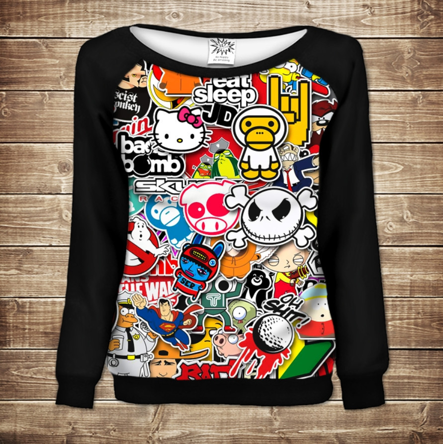 Жіночий світшот - реглан з відкритими плечима з 3D принтом-Мультик ВСІ Розміри Преміум тканина