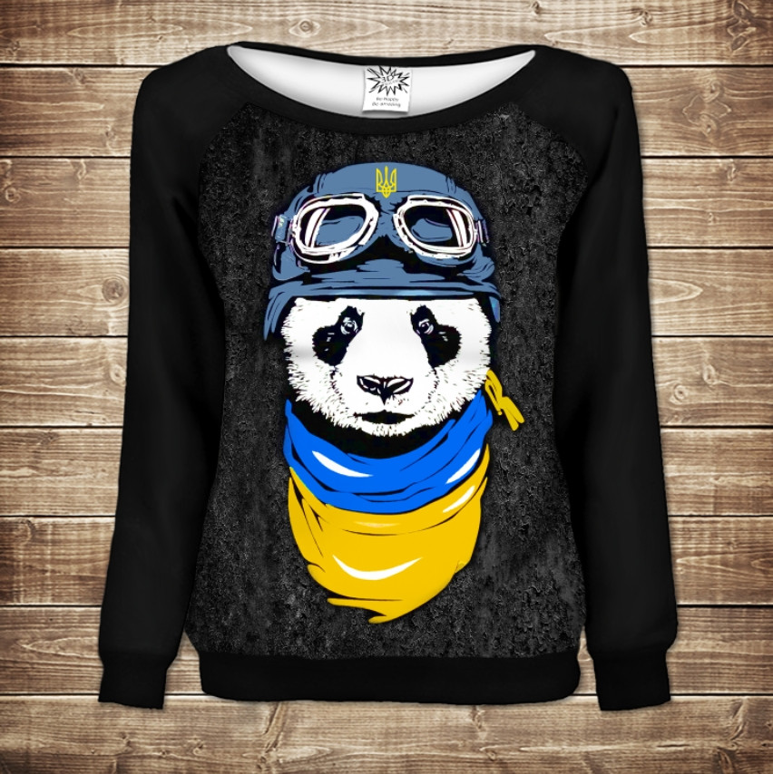 Жіночий світшот - реглан з відкритими плечима з 3D принтом-Панда Патріот ВСІ Розміри Преміум тканина