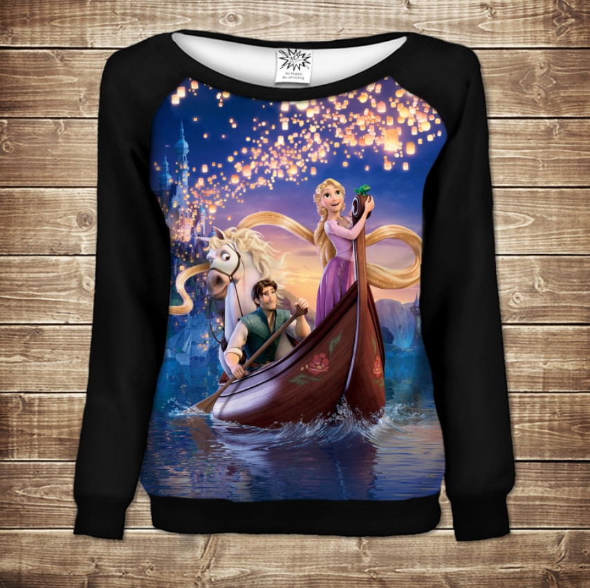 Жіночий світшот - реглан з відкритими плечима з 3D принтом-Рапунцель і Юджин ВСІ Розміри Преміум тканина