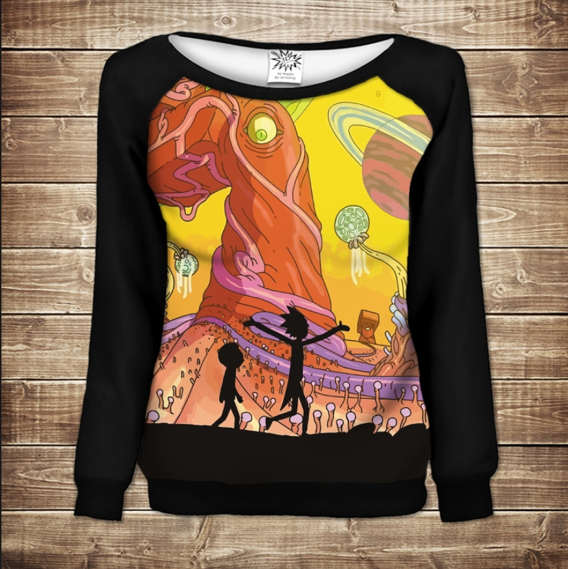 Жіночий світшот - реглан з відкритими плечима з 3D принтом-Рік і Морті Жовтий космос ВСІ Розміри Преміум тканина