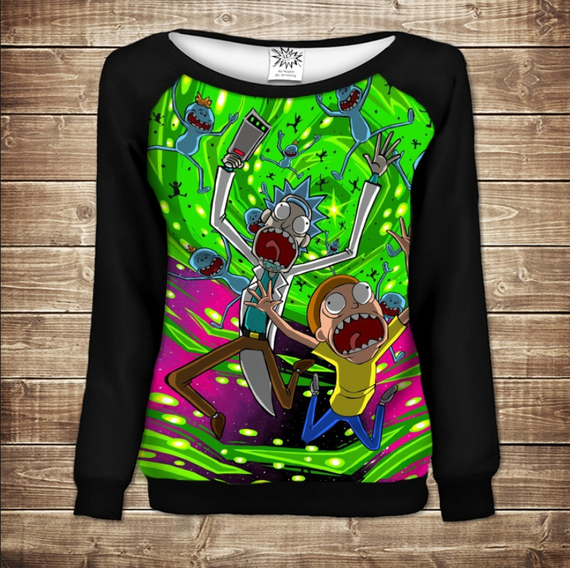 Жіночий світшот - реглан з відкритими плечима з 3D принтом-Рік і Морті Кислота ВСІ Розміри Преміум тканина