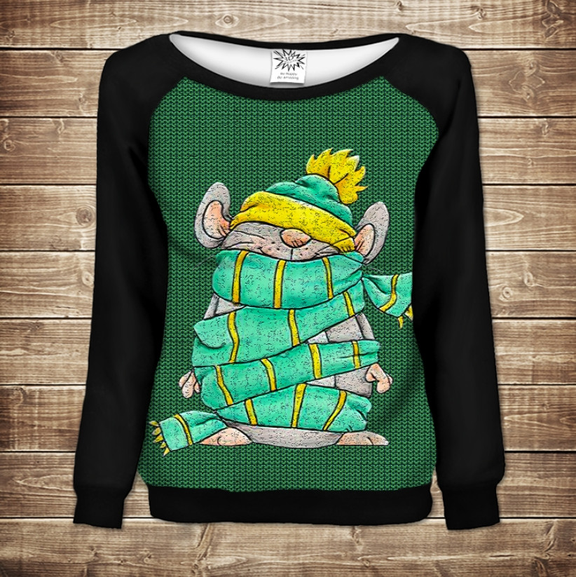 Жіночий світшот - реглан з відкритими плечима з 3D принтом-Зимовий миш ВСІ Розміри Преміум тканина