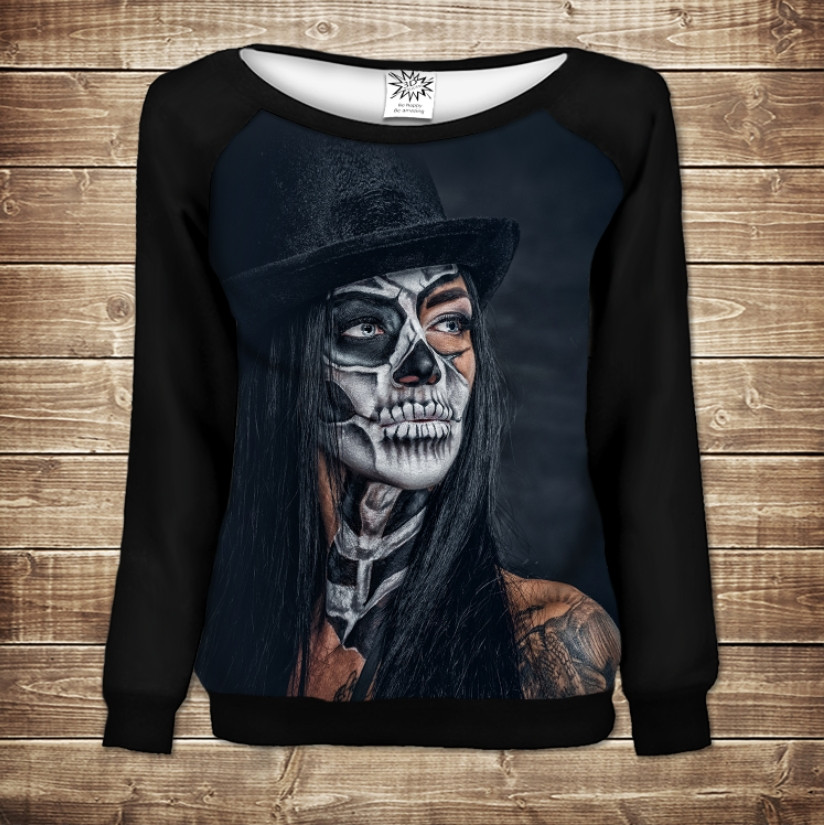 Жіночий світшот - реглан з відкритими плечима з 3D принтом Halloween Санта Муерта ВСІ Розміри Преміум тканина