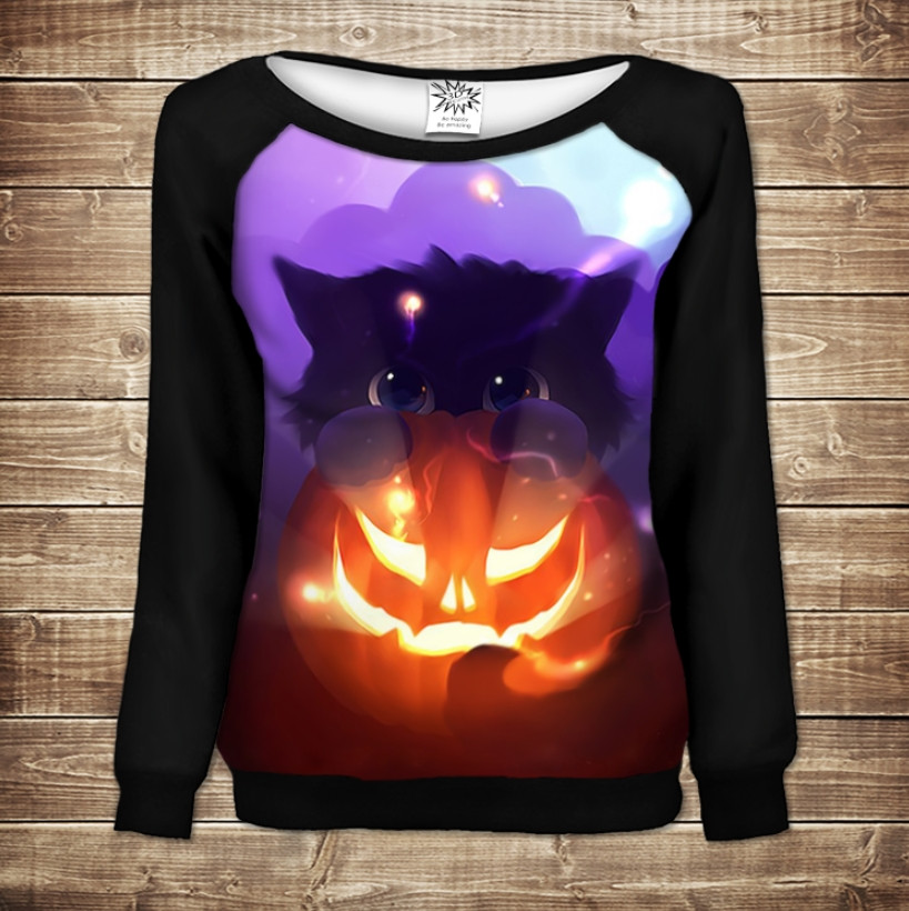 Жіночий світшот - реглан з відкритими плечима з 3D принтом-Котик і хеловін ВСІ Розміри Преміум тканина