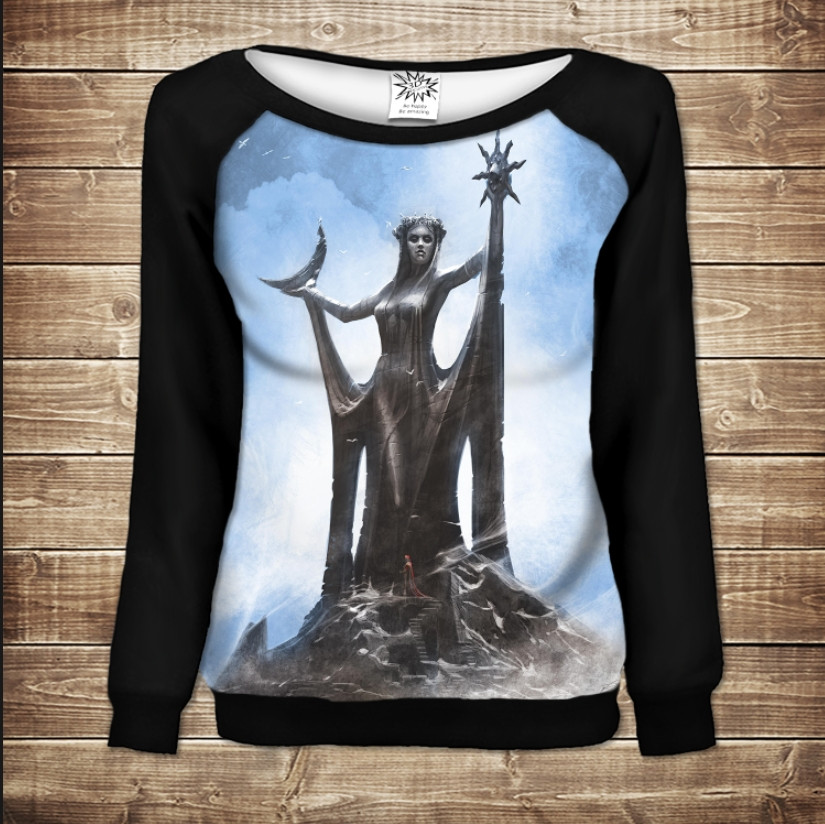 Жіночий світшот - реглан з відкритими плечима з 3D принтом-Скайрім Азура ВСІ Розміри Преміум тканина
