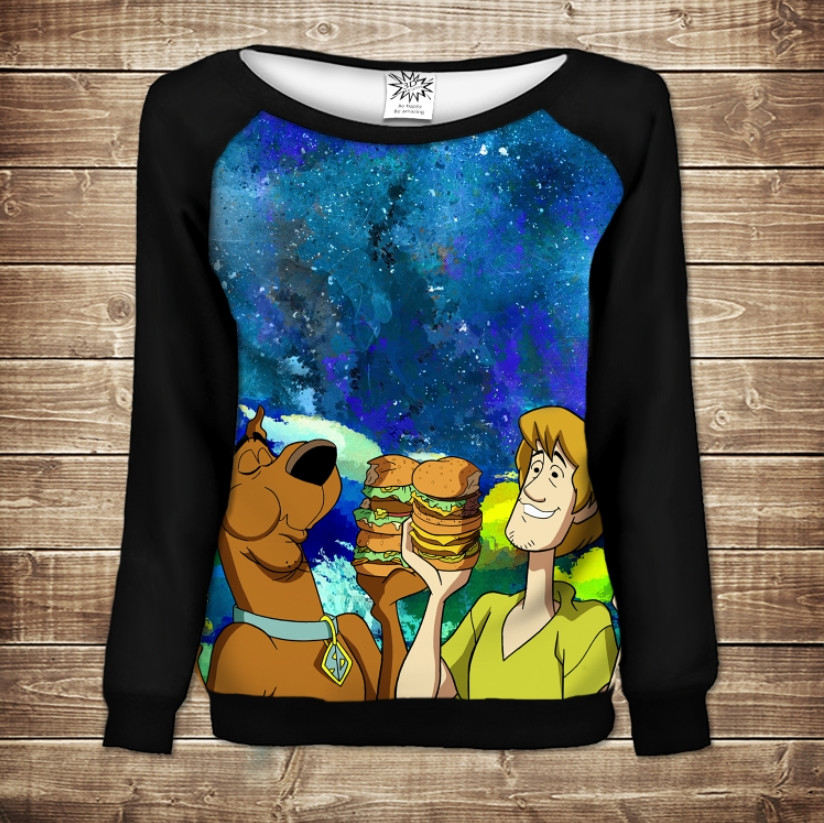 Жіночий світшот - реглан з відкритими плечима з 3D принтом-Скубі Ду ВСІ Розміри Преміум тканина