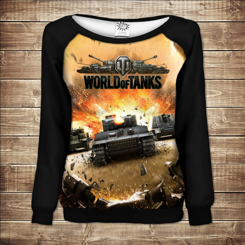 Жіночий світшот - реглан з відкритими плечима з 3D принтом-Танки. Атака ВСІ Розміри Преміум тканина