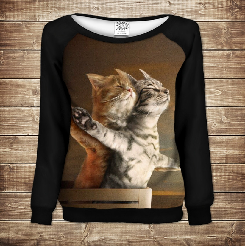 Жіночий світшот - реглан з відкритими плечима з 3D принтом-Котики а-ля Титанік ВСІ Розміри Преміум тканина