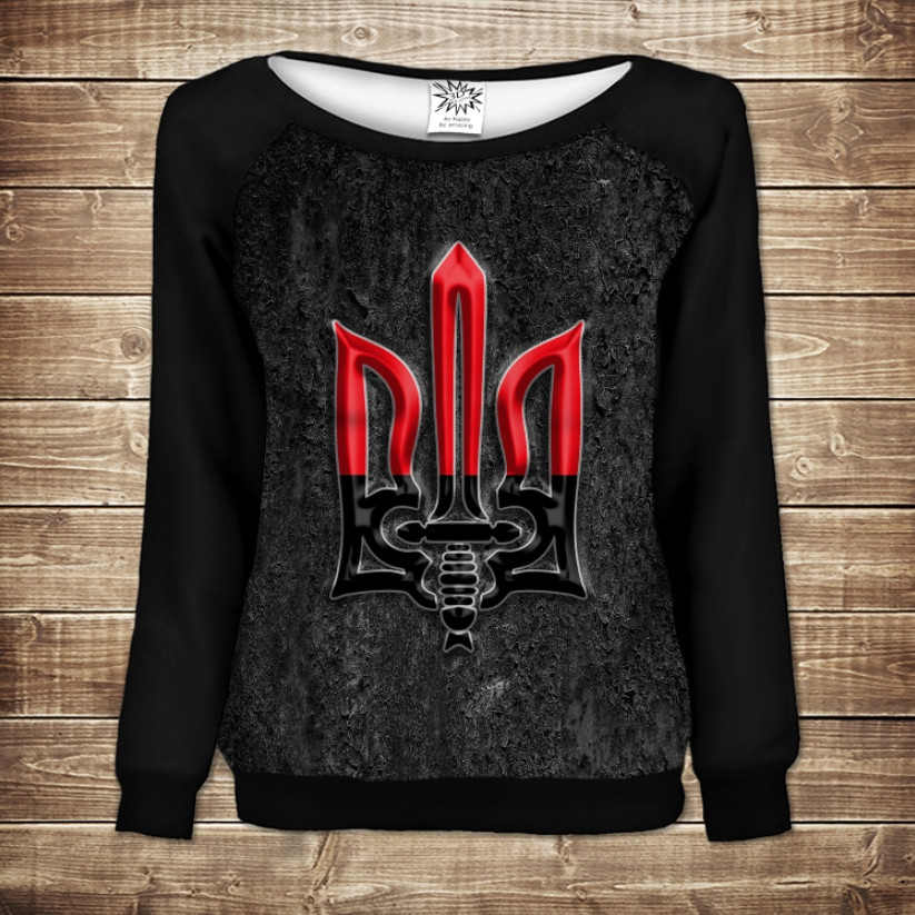 Жіночий світшот - реглан з відкритими плечима з 3D принтом-Тризуб Бандерівський ВСІ Розміри Преміум тканина