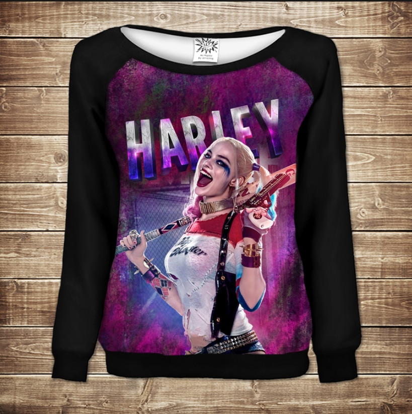 Жіночий світшот - реглан з відкритими плечима з 3D принтом-Загін самовбивць-Харлі Квін/ harley quinn ВСІ Розміри Преміум тканина