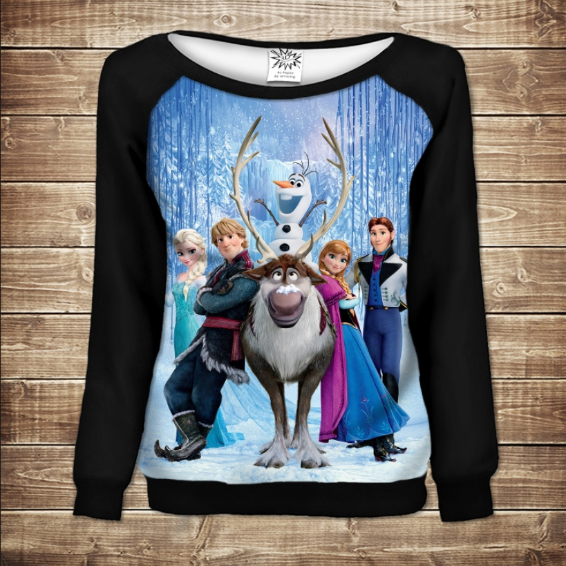 Жіночий світшот - реглан з відкритими плечима з 3D принтом-Frozen. Холодне серце Всі герої ВСІ Розміри Преміум тканина