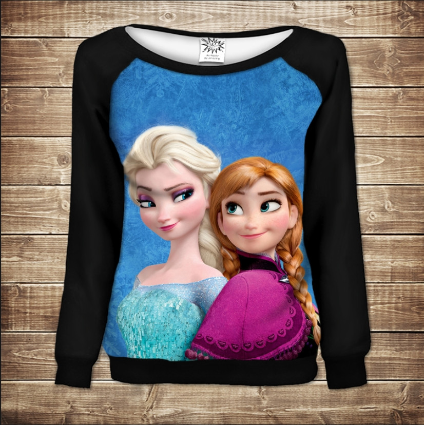 Жіночий світшот - реглан з відкритими плечима з 3D принтом-Frozen Анна і Ельза ВСІ Розміри Преміум тканина