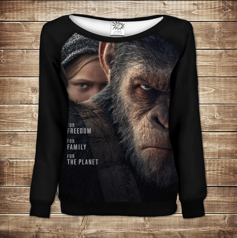 Жіночий світшот - реглан з відкритими плечима з 3D принтом-Цезар. Планета Мавп ВСІ Розміри Преміум тканина