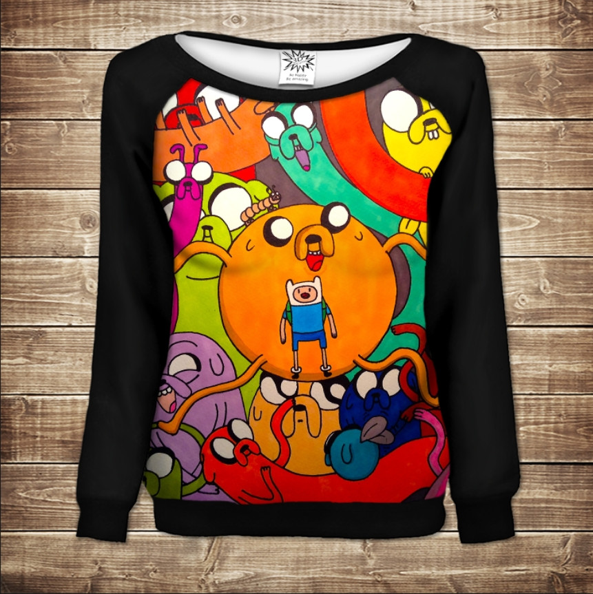 Жіночий світшот - реглан з відкритими плечима з 3D принтом-Джейк і Фінн Час пригод ВСІ Розміри Преміум тканина