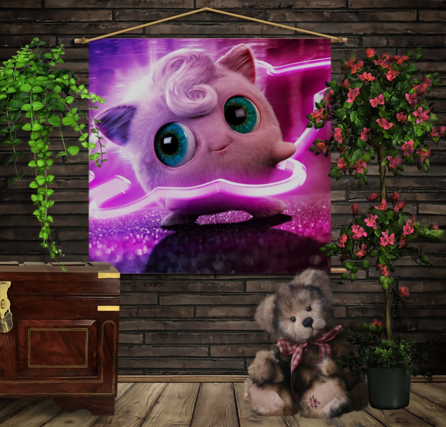 Мобільна картина-постер (гобелен)на тканині з 3D з принтом Покемон Джиглипуфф