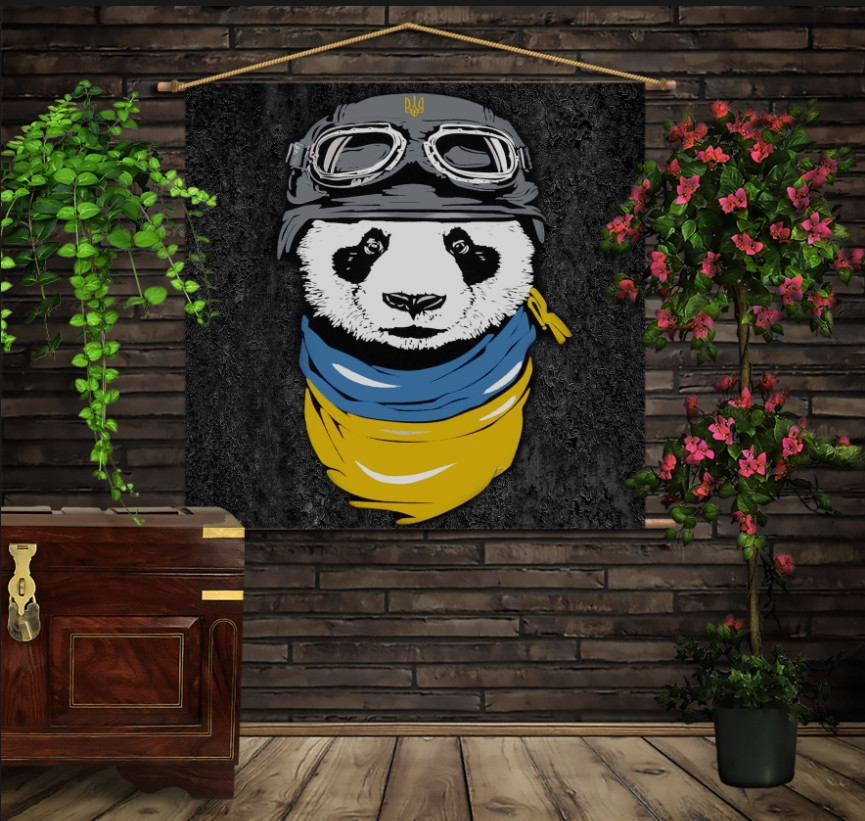 Мобільна картина-постер (гобелен)на тканині з 3D з принтом Панда Патріот
