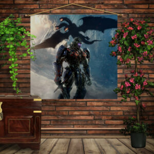 Мобільна картина-постер (гобелен)на тканині з 3D з принтом Трансформерс. Оптимус Прайм і Дракон