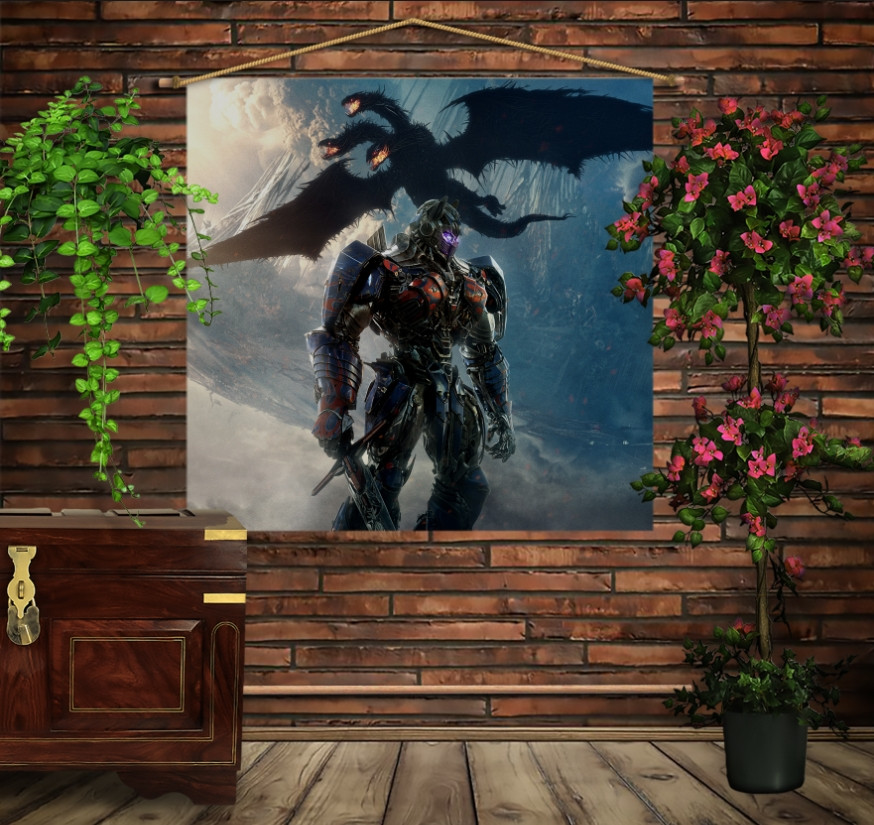 Мобільна картина-постер (гобелен)на тканині з 3D з принтом Трансформерс. Оптимус Прайм і Дракон