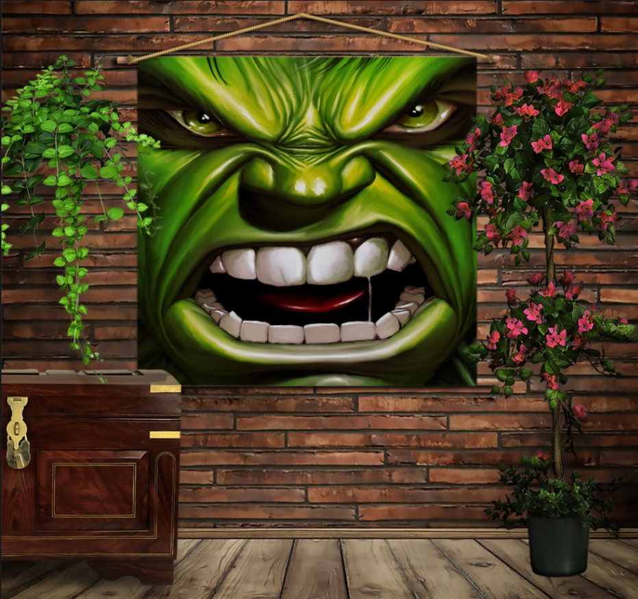 Мобільна картина-постер (гобелен)на тканині з 3D з принтом Халк вільний і злий