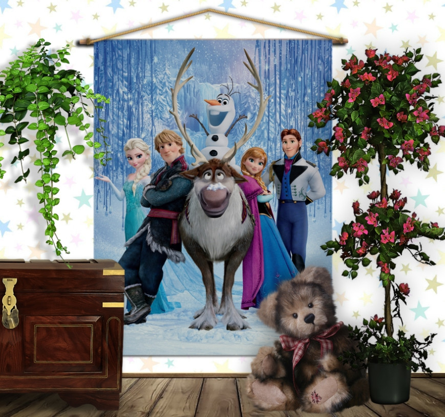 Мобільна картина-постер (гобелен)на тканині з 3D з принтом Frozen. Холодне серце Всі герої